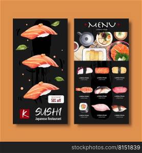 Sushi menu for caf  and restaurant. Design template with watercolor graphic illustrations.