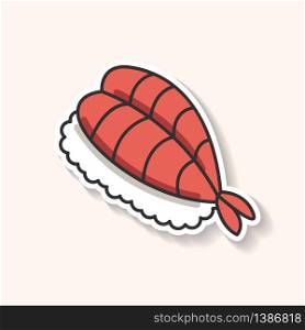 Sushi patch. Fresh seafood. Sashimi meal. Fish on rice. Traditional japanese cuisine. Asian delicacy. Fresh shrimp, prawn dish. RGB color printable sticker. Vector isolated illustration. Sushi patch. Fresh seafood. Sashimi meal. Fish on rice