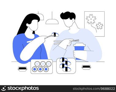 Sushi place isolated cartoon vector illustrations. Happy couple eating sushi together, holding chopsticks, people lifestyle, eating out in restaurant, Japanese cuisine menu vector cartoon.. Sushi place isolated cartoon vector illustrations.