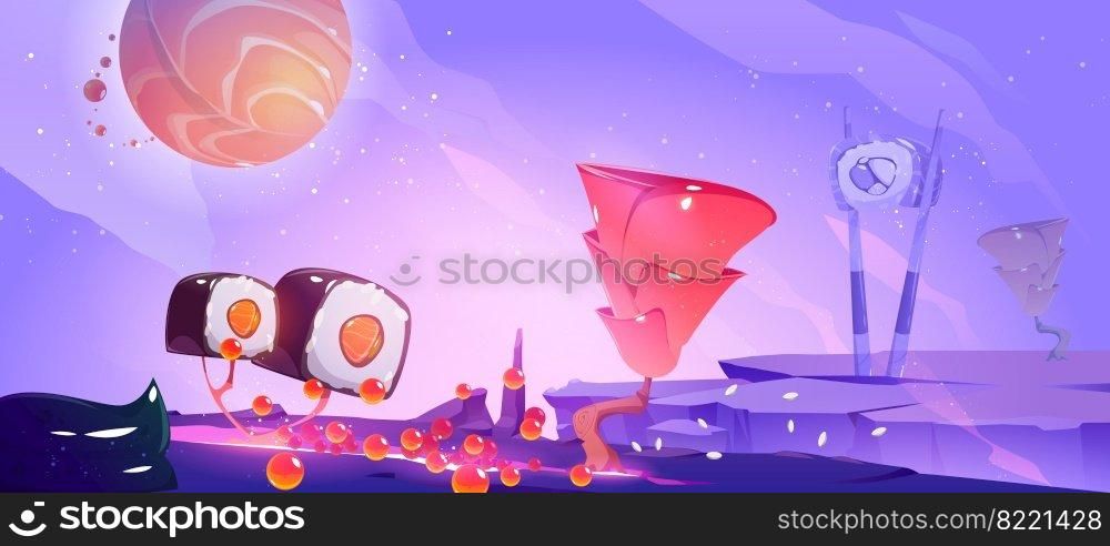 Sushi planet poster with fantasy landscape with trees with roll and ginger and salmon planet in sky. Vector banner of restaurant or arcade game with cartoon illustration. Sushi planet poster with fantasy landscape