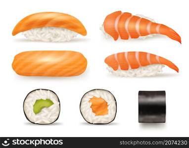 Sushi realistic. Different japanese food from fish sushi seaweed rolls delicious products from asian cousine decent vector illustration collection. Japanese sushi food, fish salmon with fresh rice. Sushi realistic. Different japanese food from fish sushi seaweed rolls delicious products from asian cousine decent vector illustration collection