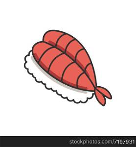 Sushi RGB color icon. Fresh seafood. Sashimi meal. Fish on rice. Traditional japanese cuisine. Asian delicacy. Fresh shrimp, prawn dish. Appetizer before meal. Isolated vector illustration