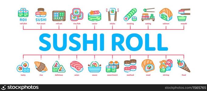 Sushi Roll Asian Dish Minimal Infographic Web Banner Vector. Sushi Roll Set Japanese Traditional Food Cooked From Rice And Fish, Shrimp And Cheese Illustration. Sushi Roll Asian Dish Minimal Infographic Banner Vector