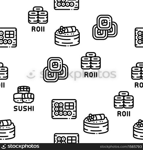 Sushi Roll Asian Dish Seamless Pattern Vector Thin Line. Illustrations. Sushi Roll Asian Dish Seamless Pattern Vector