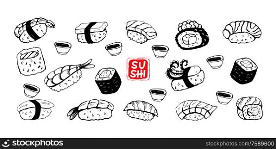 Sushi roll, black vector line drawing on white background. Different sushi species: maki, nigiri, gunkan, temaki. Japanese food menu design elements.. Set of hand drawn different Japanese sushi and rolls. Vector illustration.