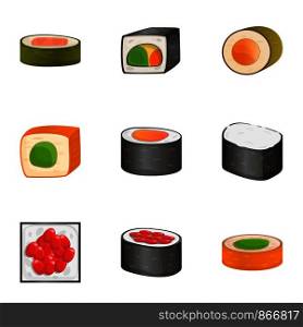 Sushi roll icon set. Cartoon set of 9 sushi roll vector icons for web design isolated on white background. Sushi roll icon set, cartoon style