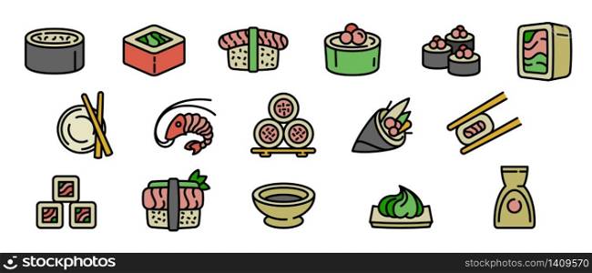 Sushi roll icons set. Outline set of sushi roll vector icons for web design isolated on white background. Sushi roll icons set, outline style