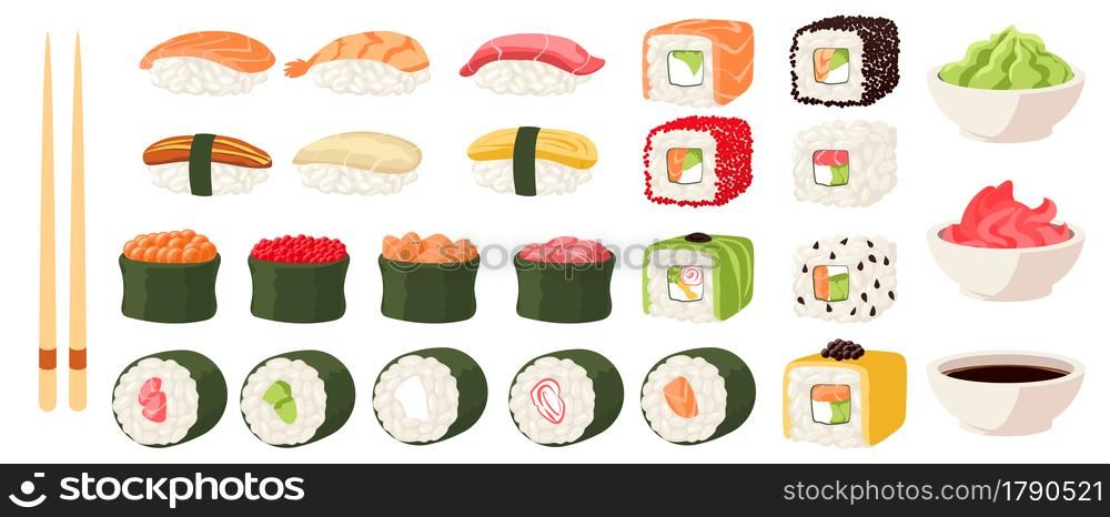 Sushi roll. Japanese rice and fish meal with vegetables or fruits. Seafood covered in nori. Wasabi and ginger. Bowl for soy sauce. Tasty sashimi. Restaurant menu mockup. Vector Asian cuisine food set. Sushi roll. Japanese rice and fish meal with vegetables or fruits. Seafood covered in nori. Wasabi and ginger. Bowl for soy sauce. Tasty sashimi. Restaurant menu. Vector Asian food set