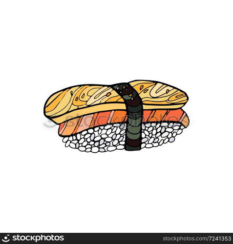 Sushi roll. Japanese traditional food, icon. Isolated hand drawn vector illustration. Sushi roll. Japanese food. Hand drawn vector illustration