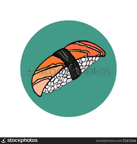 Sushi roll. Japanese traditional food, icon. Isolated hand drawn vector illustration. Sushi roll. Japanese food. Hand drawn vector illustration
