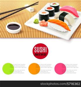 Sushi roll realistic and bamboo mat with chopsticks and soy sauce japanese menu background vector illustration