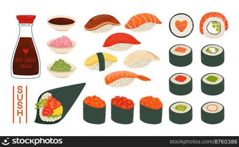 Sushi rolls gunkan temaki soy sauce ginger wasabi set japan asian food vector logo design pack isolated