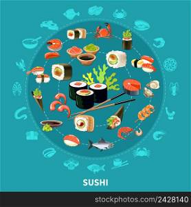 Sushi round composition with flat icon set combined in big circle colored and isolated vector illustration. Sushi Round Composition