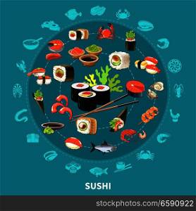 Sushi round composition with flat icon set combined in big circle colored and isolated vector illustration. Sushi Round Composition