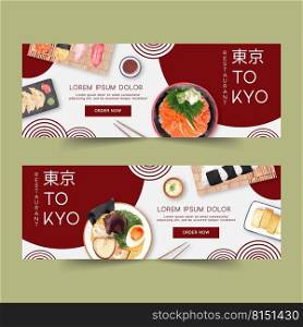 Sushi set illustration for banners. Contrast watercolor template design for commercial use.