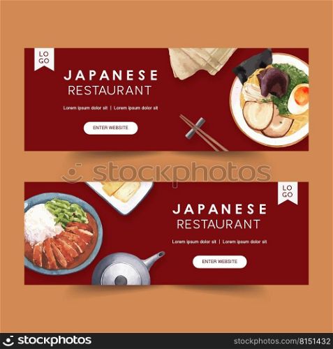 Sushi set illustration for banners. Food watercolor design for commercial use with red background 
