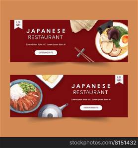 Sushi set illustration for banners. Food watercolor design for commercial use with red background 