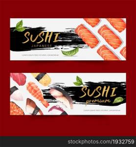 Sushi set illustrations for banners. Creative watercolour template design for commercial use.