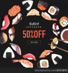 Sushi set illustrations for decoration. Creative watercolor template design black wallpaper.