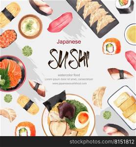 Sushi set illustrations for decoration.  Watercolor template design surrounded by Japanese food.