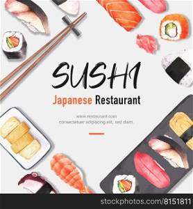 Sushi set illustrations for decoration.  Watercolor template design surrounded by several sushi.