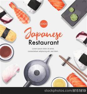 Sushi set illustrations for decoration.  Watercolor template design surrounded by sushi.