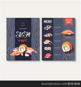 Sushi set menu for restaurant. Design template with watercolour graphic illustrations.