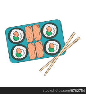 Sushi set with avocado cheese and salmon. Traditional Asian food clip art. National dish of japan snack with rice vegetables and seafood isolated vector illustration. Sushi set with avocado cheese and salmon. Traditional Asian food clip art