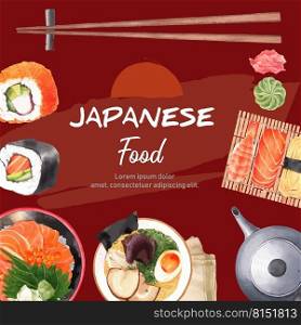 Sushi-themed border frame. Creative with watercolor illustration template for several uses.