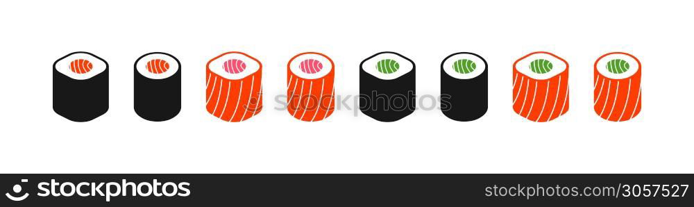 Sushi vector japanese set, japan roll collection with fresh tuna or salmon fish isolated illustration
