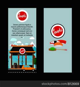 Sushi vertical flyers with shop building and landscape, vector illustration. Sushi vertical flyers with shop building
