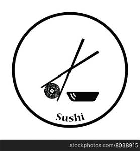 Sushi with sticks icon. Thin circle design. Vector illustration.