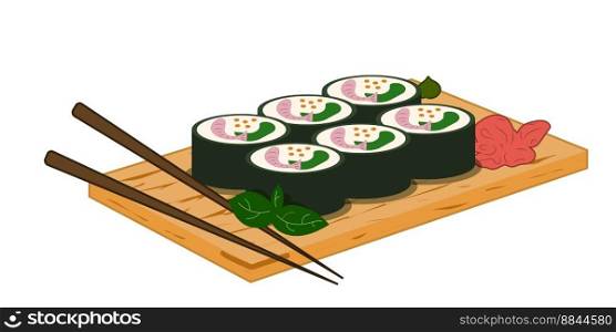 Sushis rolls, wooden board with chopsticks, soya souse. Asian food Vector illustration for restaurant, cover, menu, postcards and social media post. Line art style.. Sushis rolls, wooden board with chopsticks, soya souse. Asian food Vector illustration