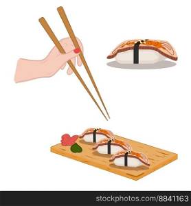 Sushis set on woode board, chopstick in hand. Rolls with eel. Asian food Vector illustration for restaurant, cover, menu, postcards and social media post. Line art style.. Sushis set on woode board, chopstick in hand. Rolls with eel. Asian food Vector illustration