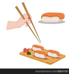 Sushis set on woode board, chopstick in hand. Rolls with salmon. Asian food Vector illustration for restaurant, cover, menu, postcards and social media post. Line art style.. Sushis set on woode board, chopstick in hand. Rolls with salmon. Asian food Vector illustration