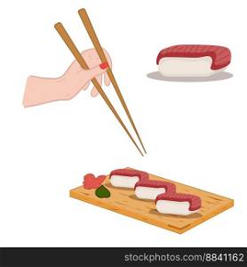 Sushis set on woode board, chopstick in hand. Rolls with tuna. Asian food Vector illustration for restaurant, cover, menu, postcards and social media post. Line art style.. Sushis set on woode board, chopstick in hand. Rolls with tuna. Asian food Vector illustration