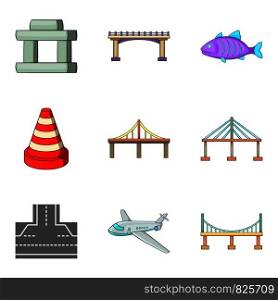 Suspended bridge icons set. Cartoon set of 9 suspended bridge vector icons for web isolated on white background. Suspended bridge icons set, cartoon style