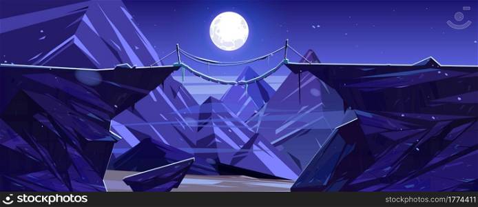 Suspended mountain bridge above night cliff, rock peaks and full moon scenery landscape. Beautiful nature view, rope bridgework connect steep rocky edges under moonlight, Cartoon vector illustration. Suspended mountain bridge above cliff at night