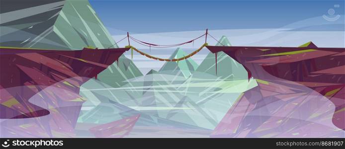 Suspended rope bridge hang above foggy mountain cliff, scenery rocky landscape background. Panoramic nature view with wooden bridgework connect rock edges at dull day, Cartoon vector illustration. Suspended rope bridge hang above foggy rock cliff