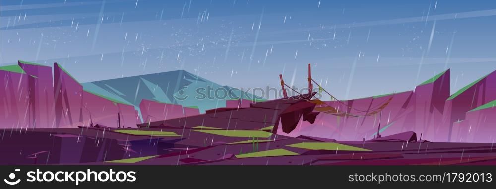 Suspension bridge over precipice in mountains and rain. Vector cartoon illustration of rocks and wooden rope bridge over abyss between stone cliffs at rainy weather. Rain in mountains with suspension bridge