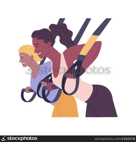 Suspension training isolated cartoon vector illustrations. Women doing push-ups with fitness straps in the gym, group workout, work with sport equipment, staying fit together vector cartoon.. Suspension training isolated cartoon vector illustrations.
