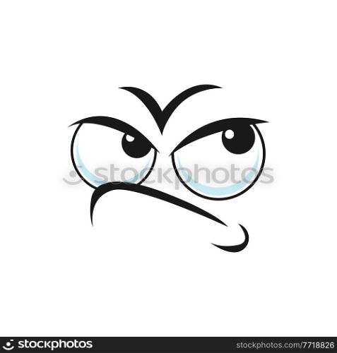 Suspicious emoticon with angry face isolated icon. Vector distrustful emoji with big eyes curved smile, doubtful or questioned smiley line art. Angry disbelief emoticon expression, distrusted sad mood. Distrusted sad mood suspicious expression isolated