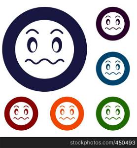 Suspicious emoticons set in flat circle reb, blue and green color for web. Suspicious emoticons set