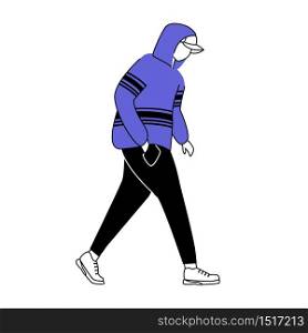 Suspicious teenager in cap and sweatshirt flat silhouette vector illustration. Walking guy with hand in pocket. Pickpocket. 2D isolated outline character on white background. Simple style drawing