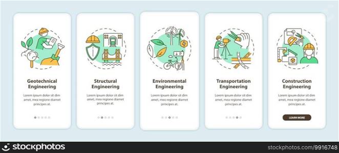 Sustainability in engineering onboarding mobile app page screen with concepts. Environmental protection walkthrough 5 steps graphic instructions. UI vector template with RGB color illustrations. Sustainability in engineering onboarding mobile app page screen with concepts