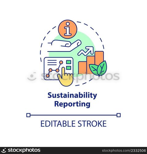 Sustainability reporting concept icon. Eco farming. Current agricultural trends abstract idea thin line illustration. Isolated outline drawing. Editable stroke. Arial, Myriad Pro-Bold fonts used. Sustainability reporting concept icon