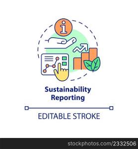 Sustainability reporting concept icon. Eco farming. Current agricultural trends abstract idea thin line illustration. Isolated outline drawing. Editable stroke. Arial, Myriad Pro-Bold fonts used. Sustainability reporting concept icon