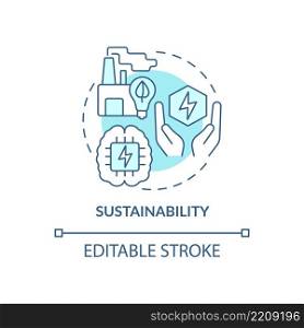 Sustainability turquoise concept icon. Smart technology abstract idea thin line illustration. Reduce carbon emissions. Isolated outline drawing. Editable stroke. Arial, Myriad Pro-Bold fonts used. Sustainability turquoise concept icon