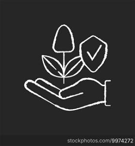 Sustainable agriculture chalk white icon on black background. Smart farming. Ecofarm. Environmental protection. Chemical pesticides and fertilizers. Isolated vector chalkboard illustration. Sustainable agriculture chalk white icon on black background