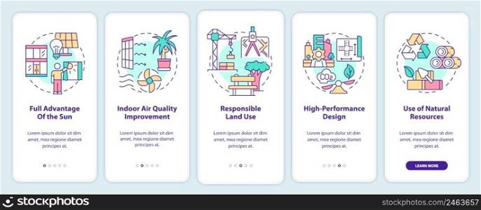 Sustainable architecture principles onboarding mobile app screen. Walkthrough 5 steps graphic instructions pages with linear concepts. UI, UX, GUI template. Myriad Pro-Bold, Regular fonts used. Sustainable architecture principles onboarding mobile app screen